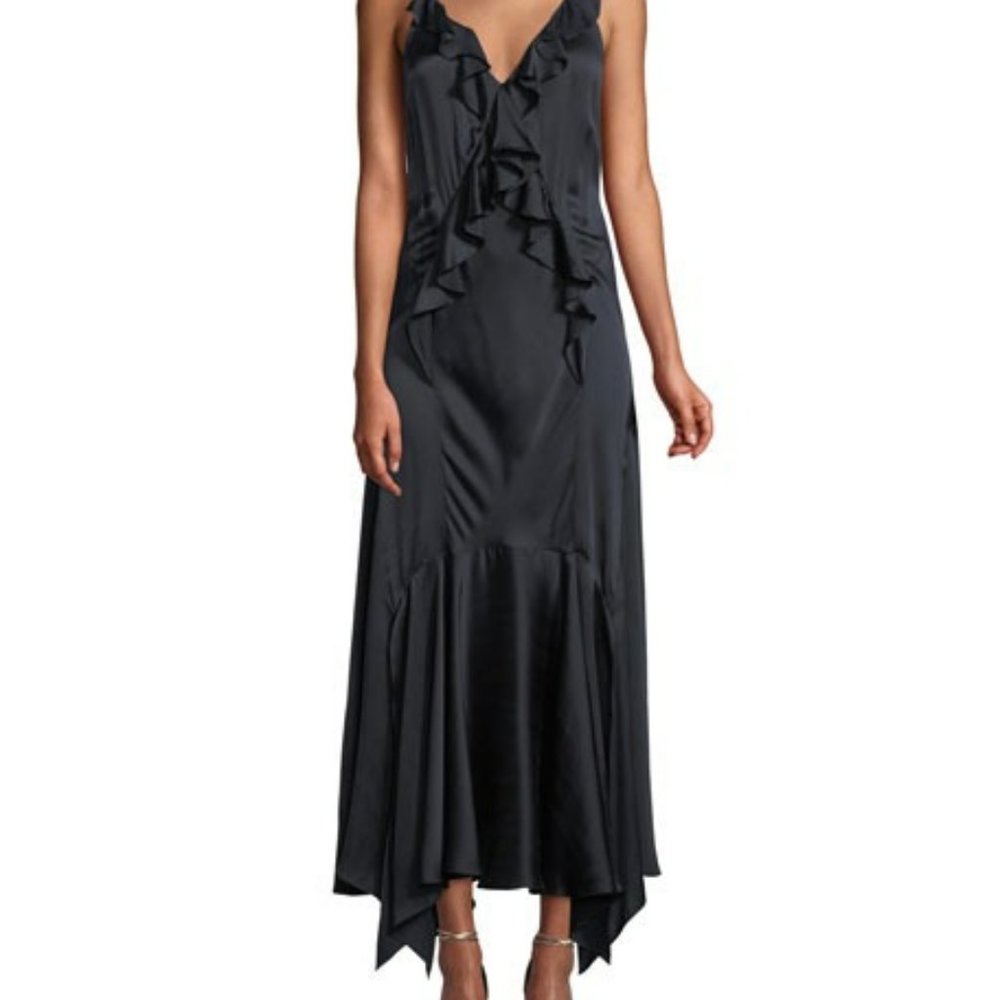 Rebecca Taylor Silk Charmeuse Ruffle Navy Dress- NTW- Size 6- Retail $695